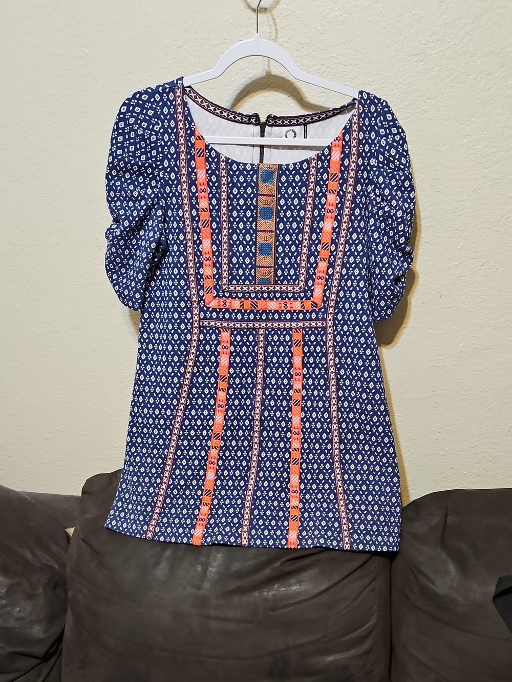 Navy Embroidered Boho Tunic with Coral Trim